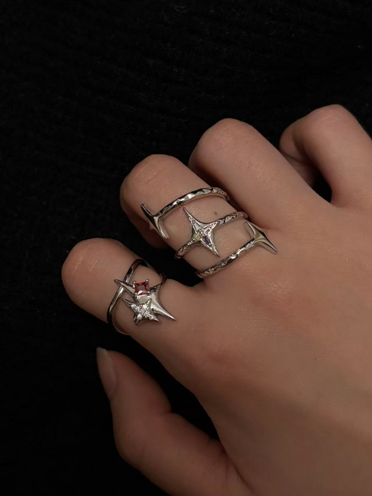 Rings | silver-ruby | Cybernicho | Molten Supernova Starburst Ring Set | stackable-liquid-metal-rings-with-red-ruby