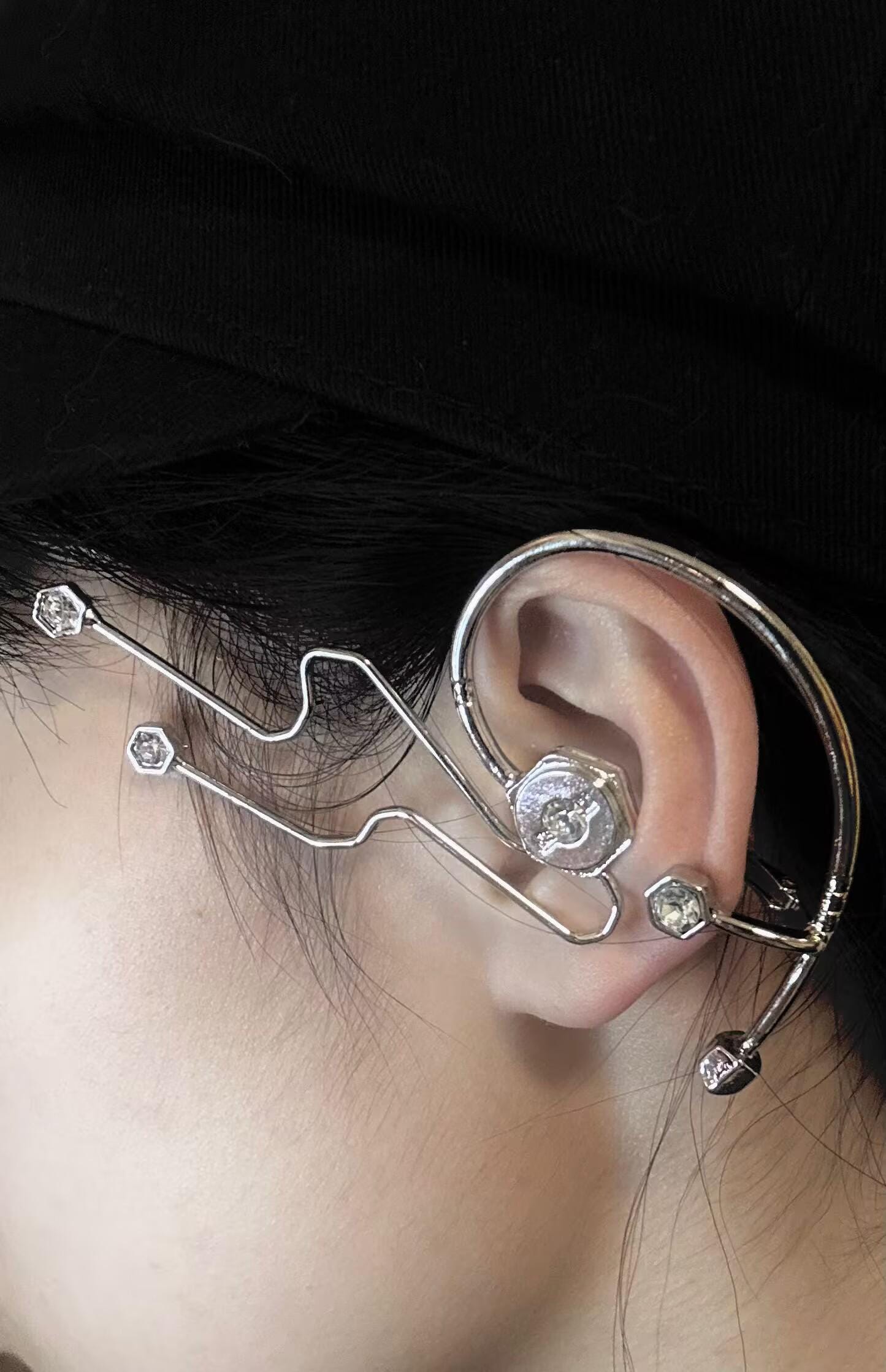 Silver Finish Gemstone Cyber Ear Cuff Chunky Cuff Wrap Earrings Jewellery Liquid Metal Ring Gift For Her Him Birthday handmade melted metal