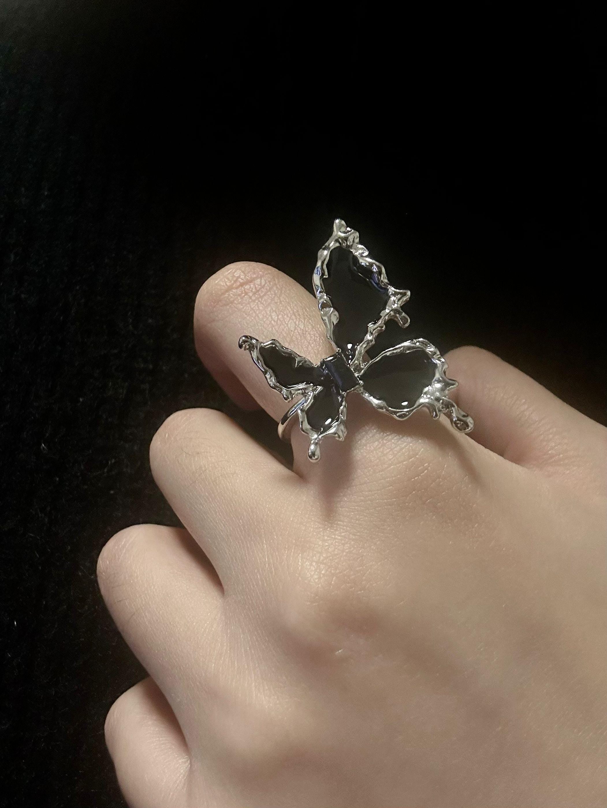 Silver Finish Butterfly Ring: Chunky Liquid Metal Statement Jewelry