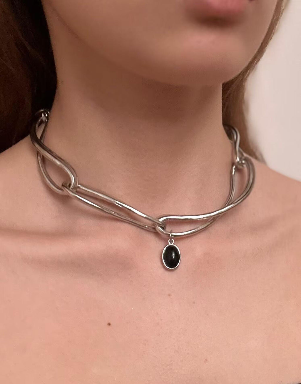 Cyberpunk Black Onyx Choker – Minimalist Geometric Silver Chain Necklace, Unisex Statement Jewelry, Unique Gift for Her Him