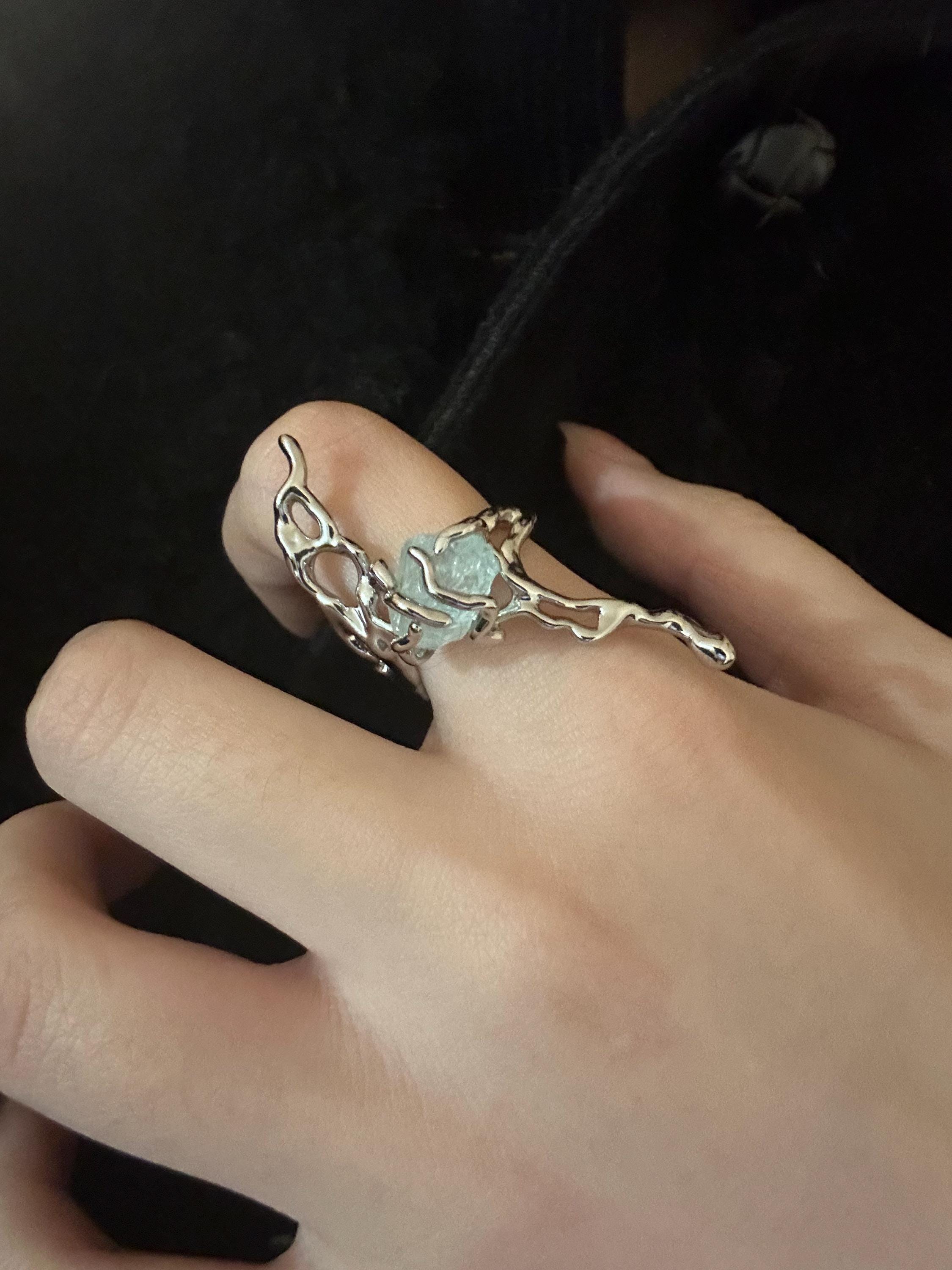 Silver Finish Gemstone Ring Chunky Statement Ring Jewellery Liquid Metal Thorns Ring Jewellery Gift For Her Birthday handmade melted metal