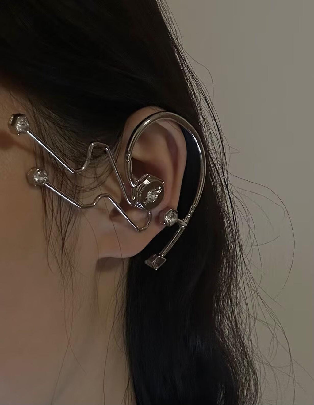 Silver Finish Gemstone Cyber Ear Cuff Chunky Cuff Wrap Earrings Jewellery Liquid Metal Ring Gift For Her Him Birthday handmade melted metal