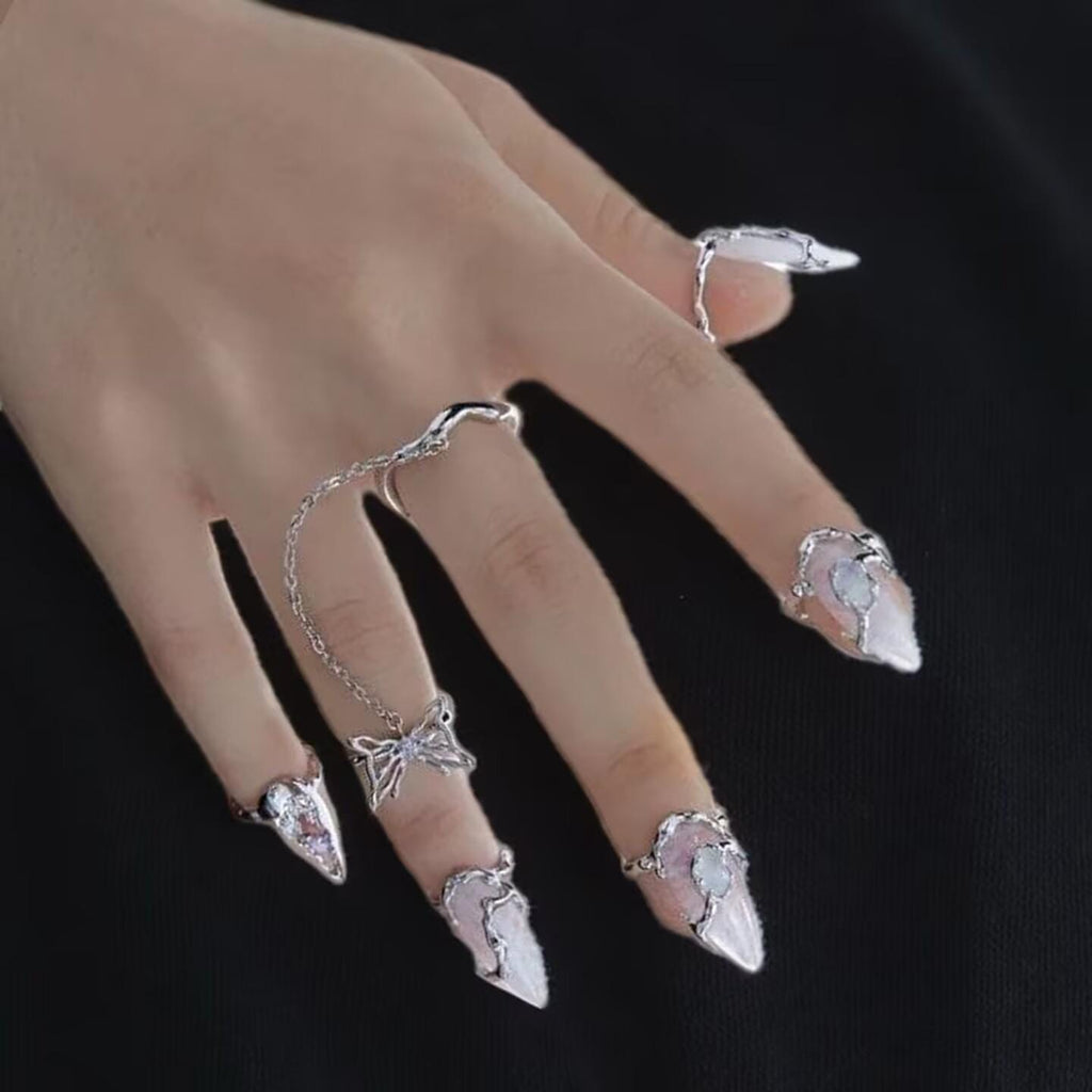 Butterfly Nail Ring Moonstone Armor | Liquid Metal Adjustable Jewelry | Statement Finger Tip Ring | Unique Indie Design