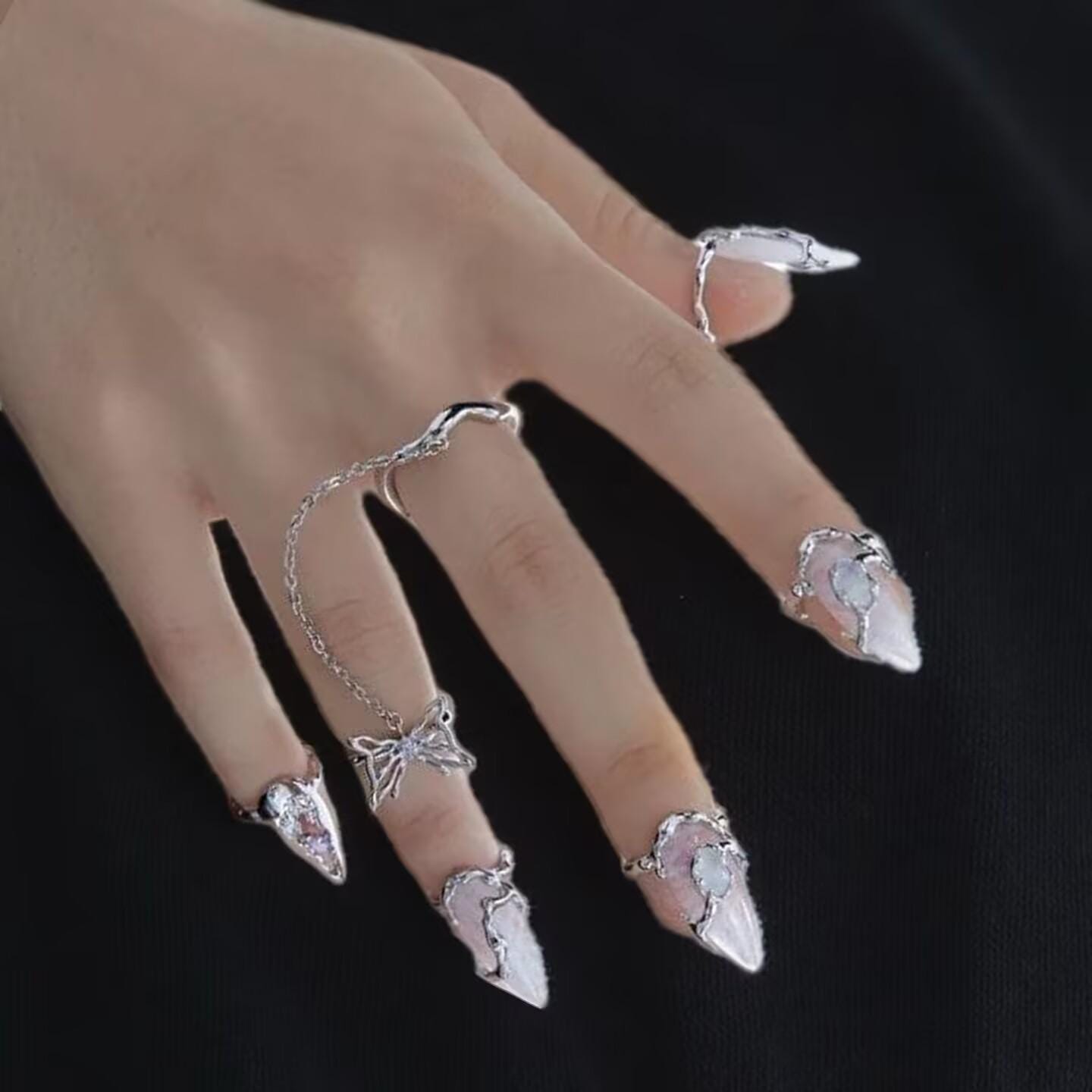 Butterfly Nail Ring Moonstone Armor | Liquid Metal Adjustable Jewelry | Statement Finger Tip Ring | Unique Indie Design