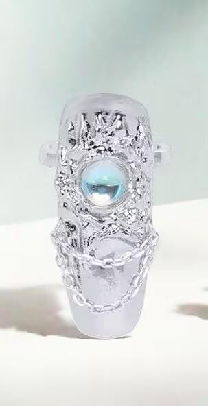 Cyberpunk Moonstone Armor Nail Ring – Futuristic Statement Jewelry, Adjustable Cool Fantasy Ring, Unique Gift for Her Him