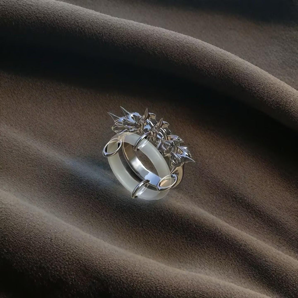 Cyberpunk Dragonbone Ring: Liquid Silver Double Band, Unisex Statement Jewelry