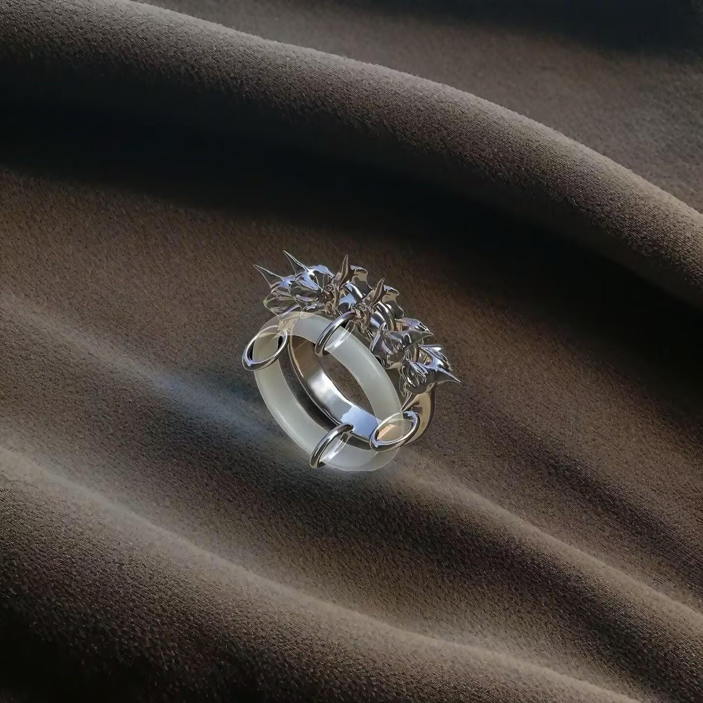Cyberpunk Dragonbone Ring: Liquid Silver Double Band, Unisex Statement Jewelry
