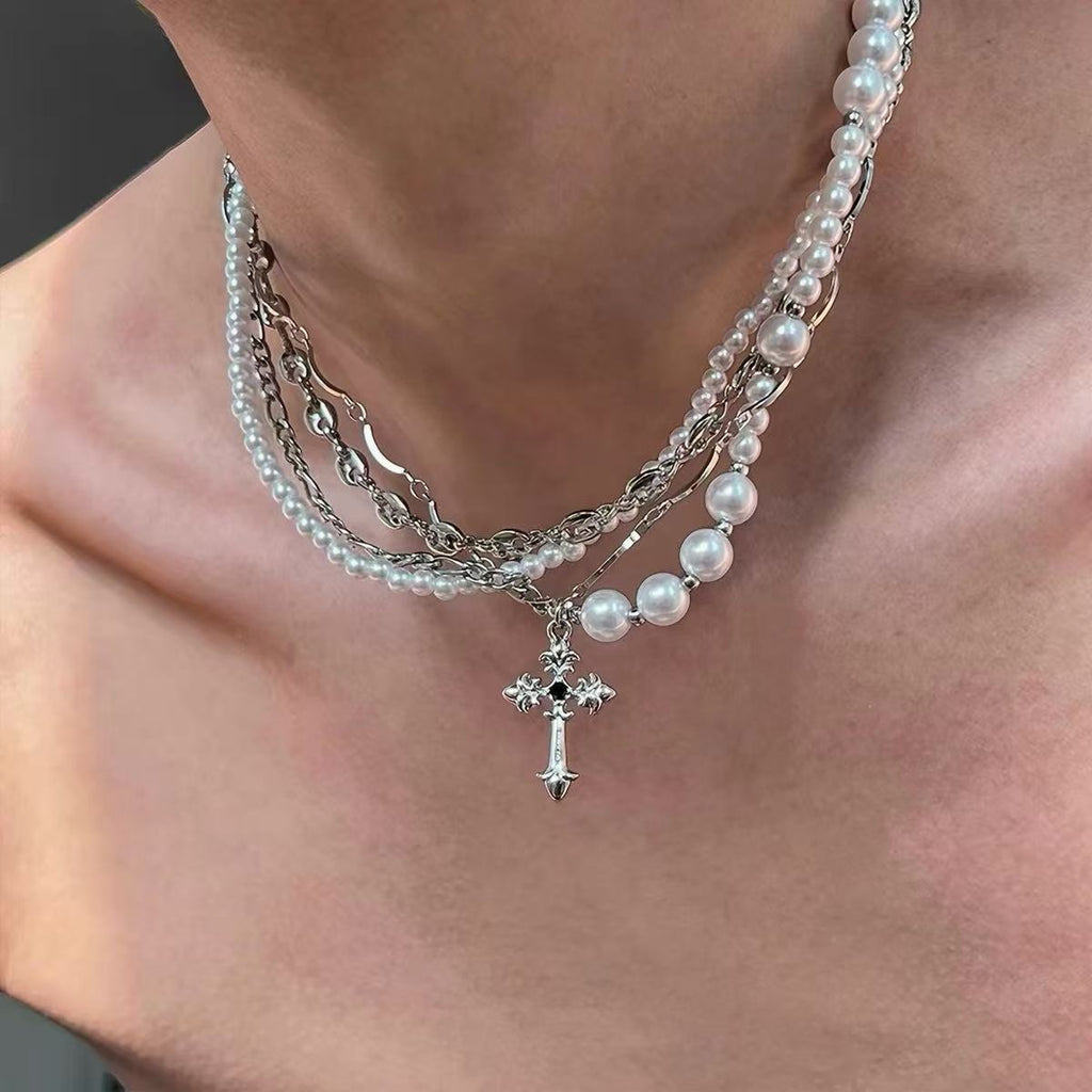 Multi-layered Pearl Choker | Silver Cross Pendant | Cybernicho | Stellar Dust Gothic Necklace