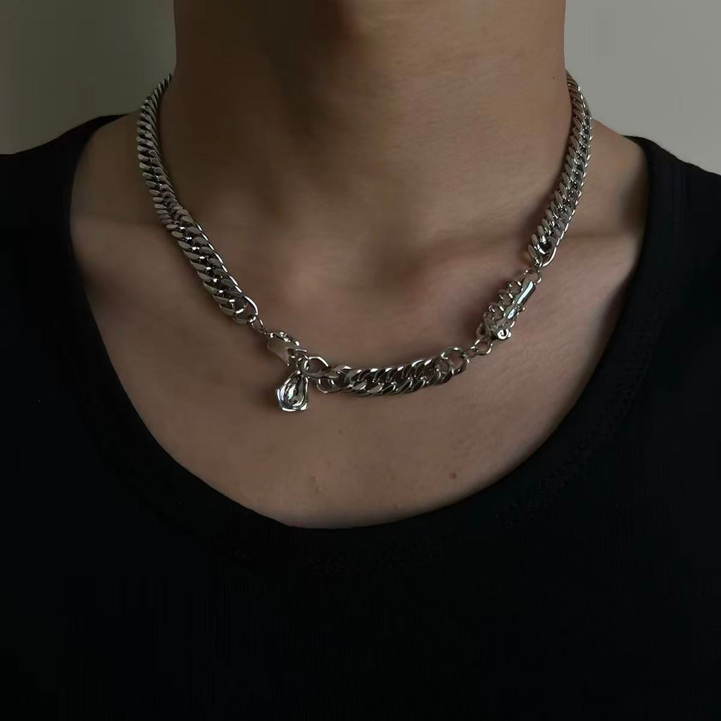 Heavyweight Silver Cuban Chain | Mens Necklace | Cybernicho | Liquid Metal Pendant | Techwear Streetwear Jewelry
