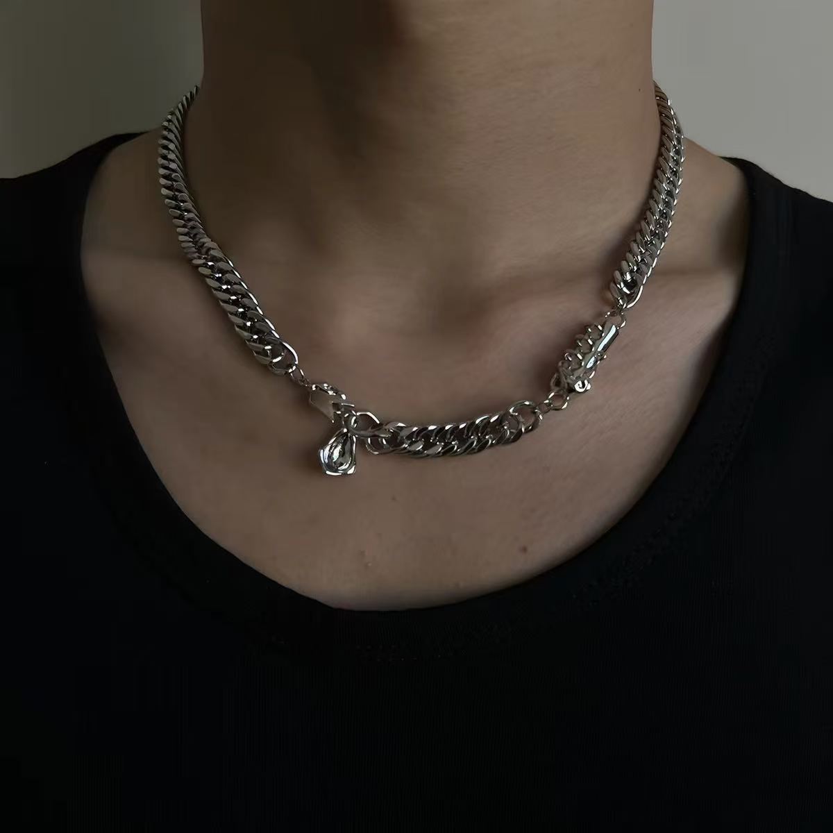 Heavyweight Silver Cuban Chain | Mens Necklace | Cybernicho | Liquid Metal Pendant | Techwear Streetwear Jewelry