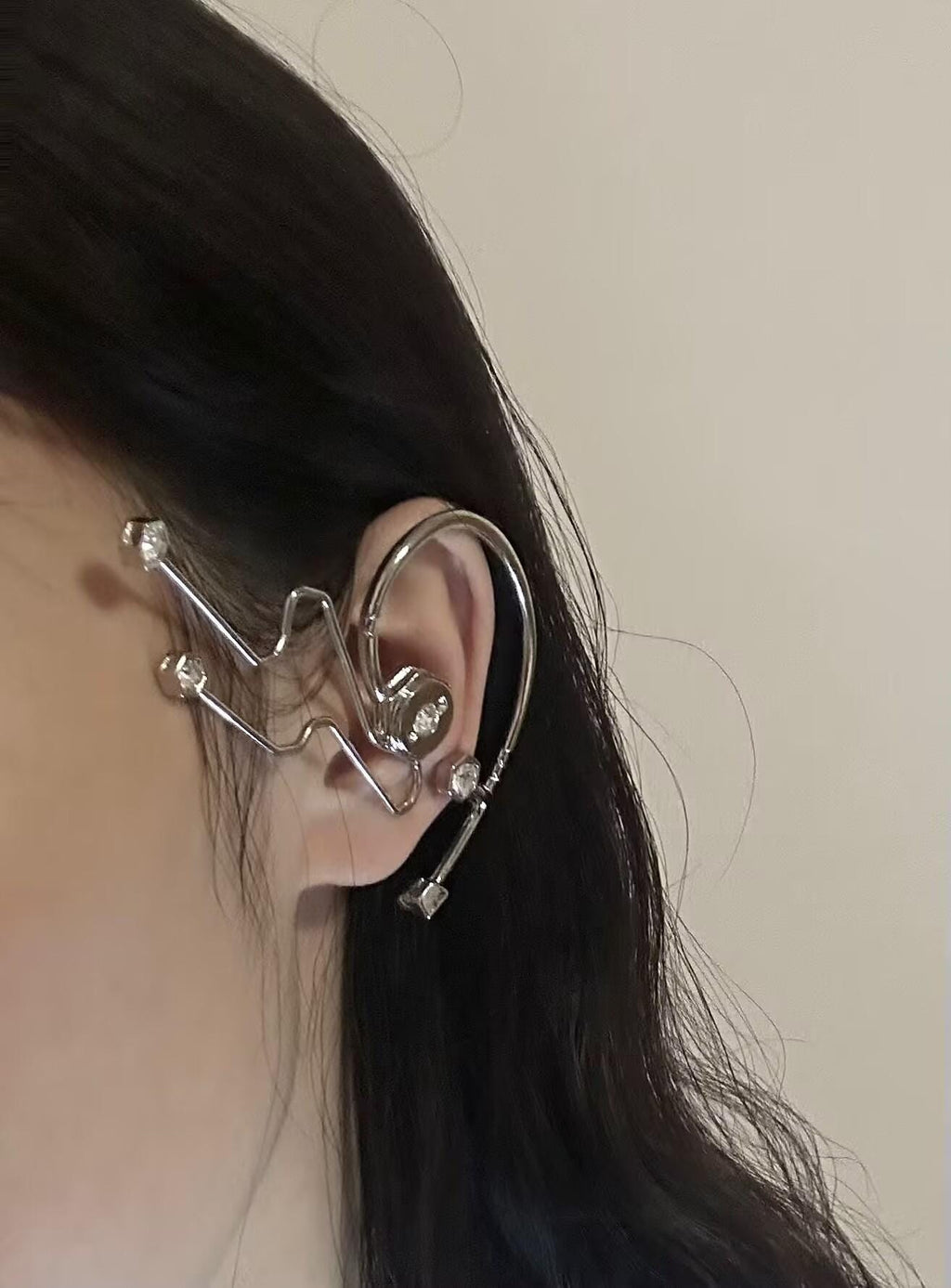 Silver Finish Gemstone Cyber Ear Cuff Chunky Cuff Wrap Earrings Jewellery Liquid Metal Ring Gift For Her Him Birthday handmade melted metal