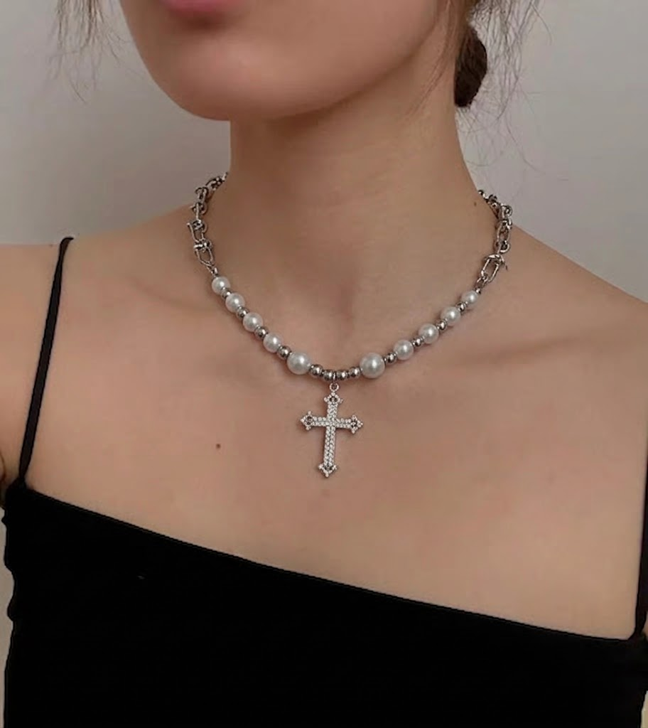 Pave Gothic Cross Pearl Necklace | Silver Splice Choker | Cybernicho | Y2K Cyber Goth Jewelry | Rhinestone Cross Pendant
