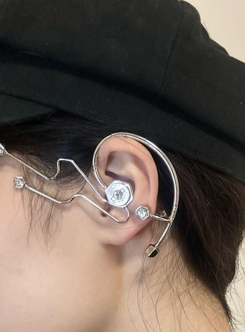 Silver Finish Gemstone Cyber Ear Cuff Chunky Cuff Wrap Earrings Jewellery Liquid Metal Ring Gift For Her Him Birthday handmade melted metal