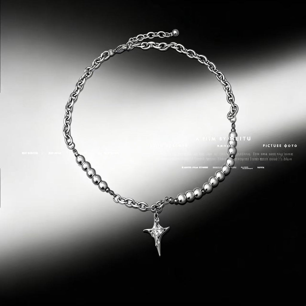 Asymmetrical Pearl Chain | Silver | Cybernicho | Stellar Dust Star Pendant | Cyberpunk Goth Jewelry