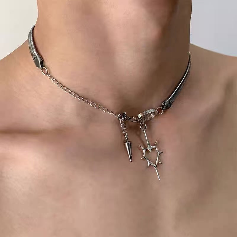 Snake Chain Heart Necklace | Silver | Cybernicho | Stellar Dust Spike Pendant | Cyberpunk Goth Jewelry