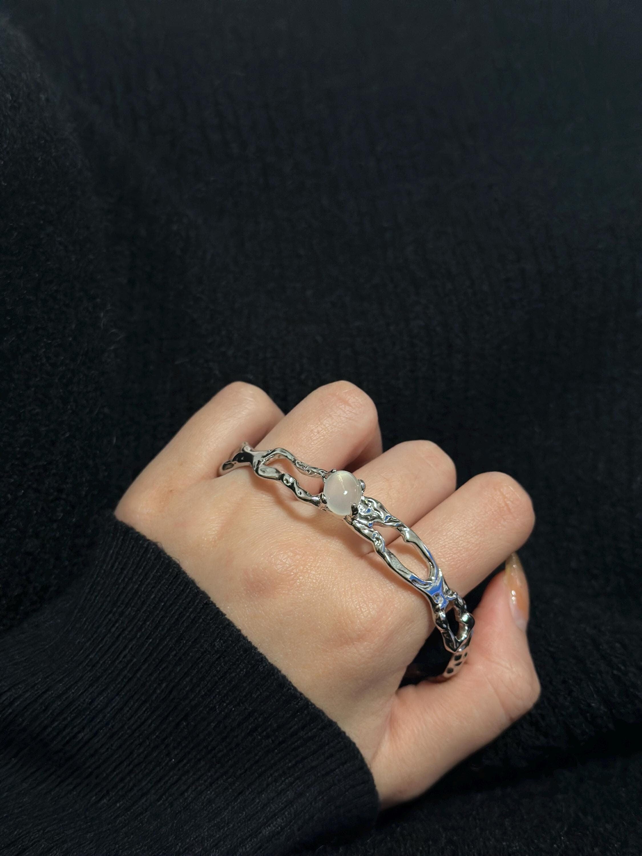Silver Finish Gemstone bracelet Chunky Statement bracelet Liquid Metal Thorns bracelet Jewellery Gift For Her Birthday handmade melted metal
