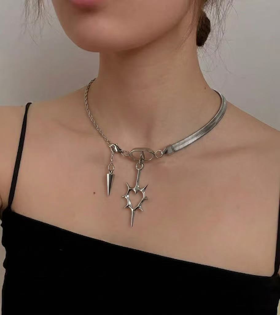 Snake Chain Heart Necklace | Silver | Cybernicho | Stellar Dust Spike Pendant | Cyberpunk Goth Jewelry