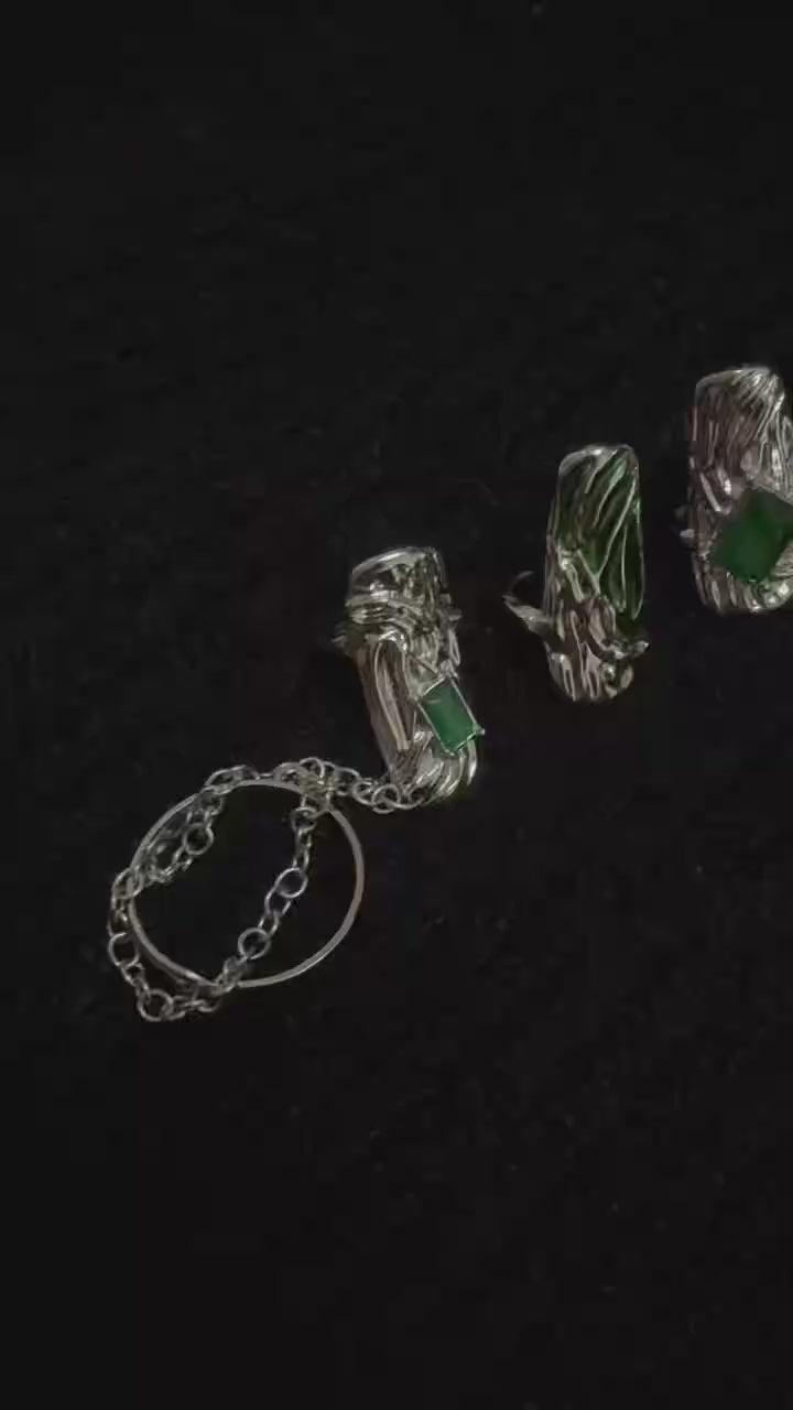 Cyber Elf Handmade 4Pcs Green Snake 2-in-1 Nail Ring Set: Cyberpunk Joint Armor Ring in White Plated Copper & Zircon